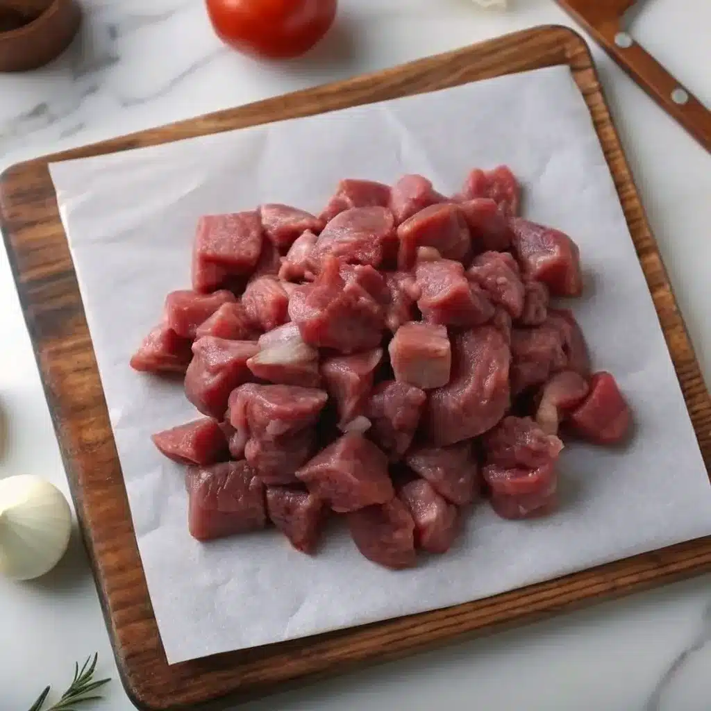 Cutting steak into bite-sized cubes on a wooden cutting board