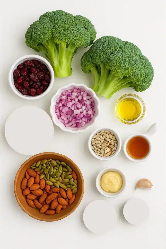 Raw broccoli florets, red onion, dried cranberries and nuts ready for salad