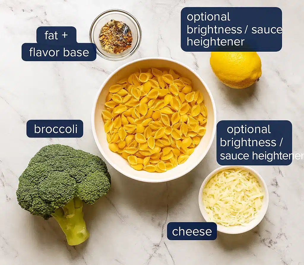Ingredients for Broccoli Cheese Pasta
