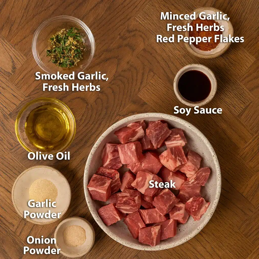 Ingredients for Air Fryer Steak Bites including steak, olive oil, and seasonings