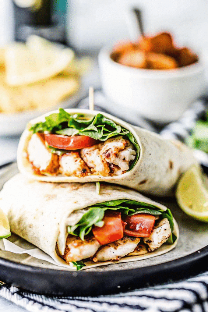 Cut Chicken Caesar wrap halves with side salad