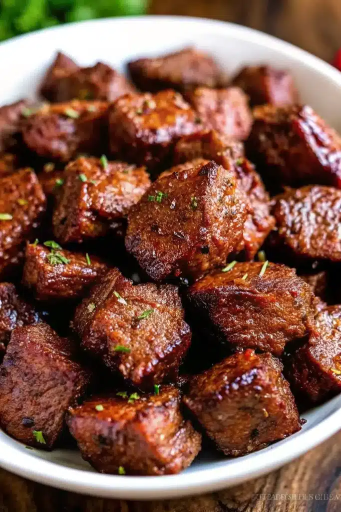 Plated Air Fryer Juicy Steak Bites with roasted vegetables and dipping sauce