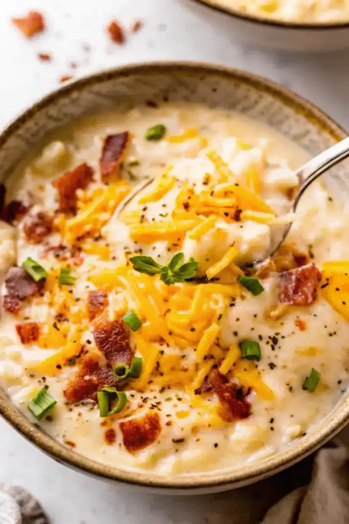 bowl of crack potato soup garnished with shredded cheddar and a splash of cream