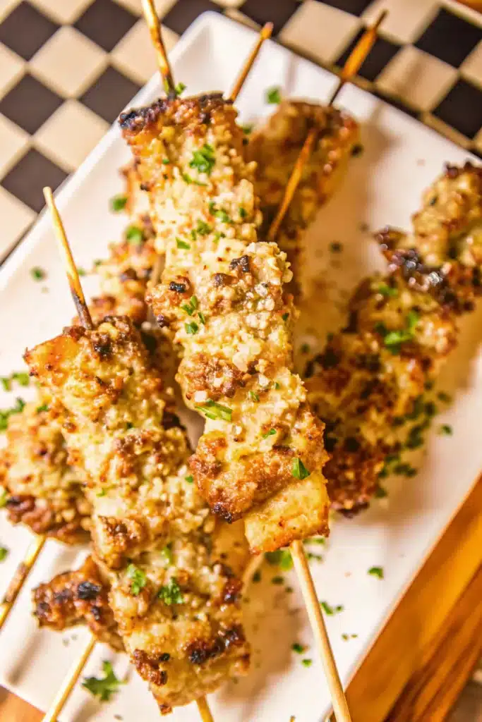 Platter of garlic parmesan chicken skewers dish