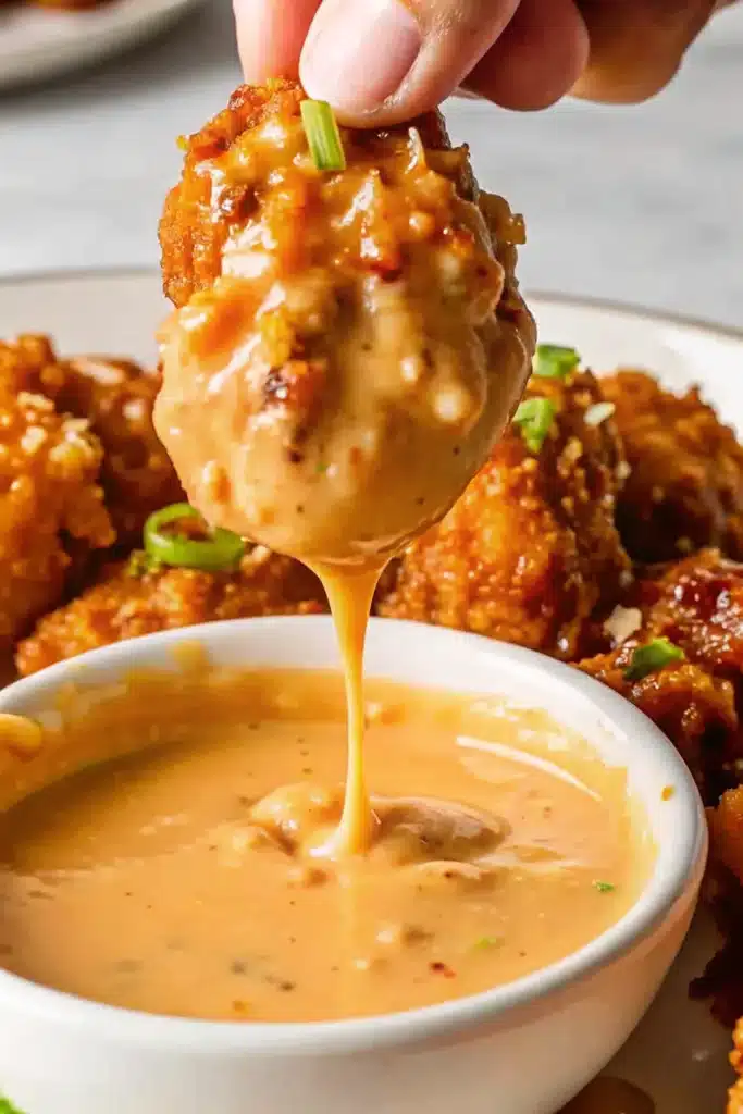 Bang Bang Chicken served over a bowl of steamed jasmine rice topped with fresh sliced scallions.