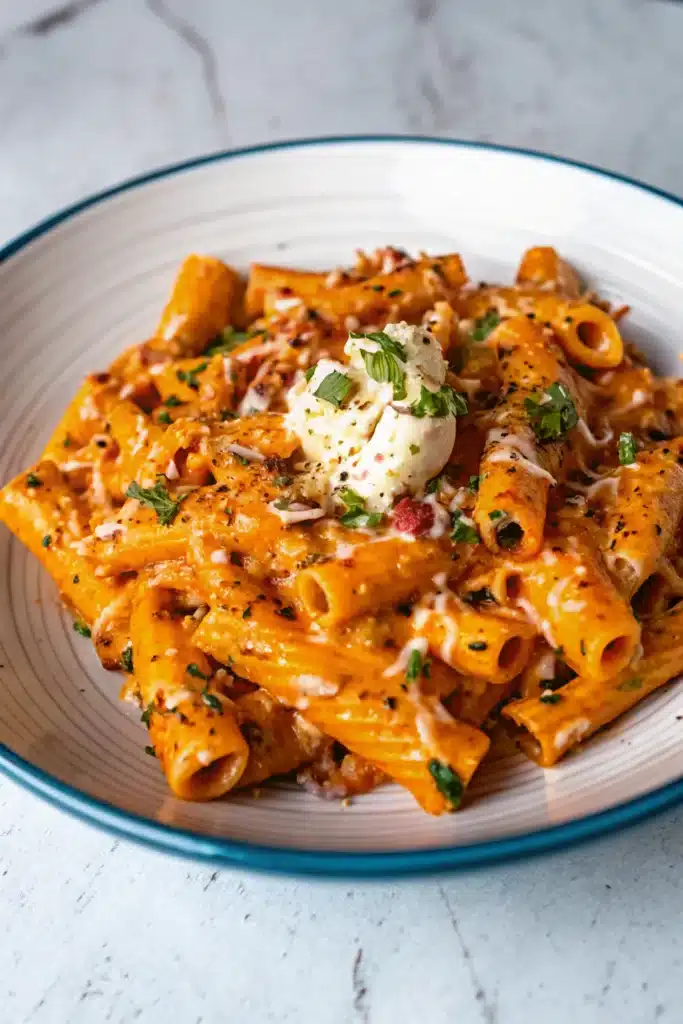 serving of creamy tomato garlic pasta on wooden table with garlic bread and basil garnish