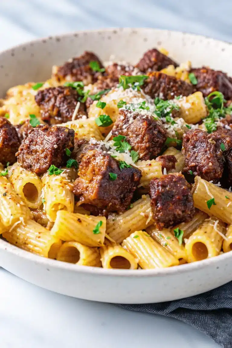 Cajun Steak Tips in Cheesy Rigatoni Parmesan Sauce
