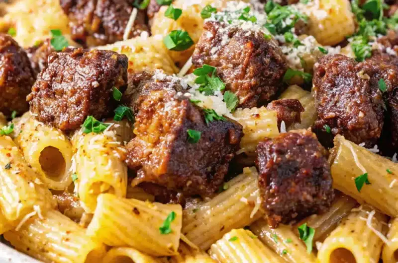 Cajun Steak Tips in Cheesy Rigatoni Parmesan Sauce