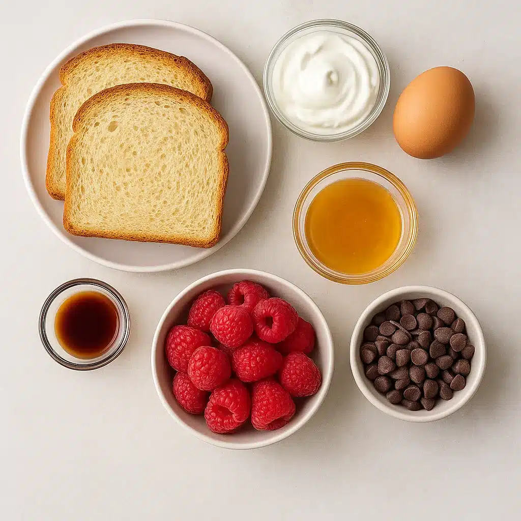 Ingredients for custard yogurt toast arranged on a light surface, including thick bread slices, Greek yogurt, an egg, honey, vanilla, raspberries, and chocolate chips
