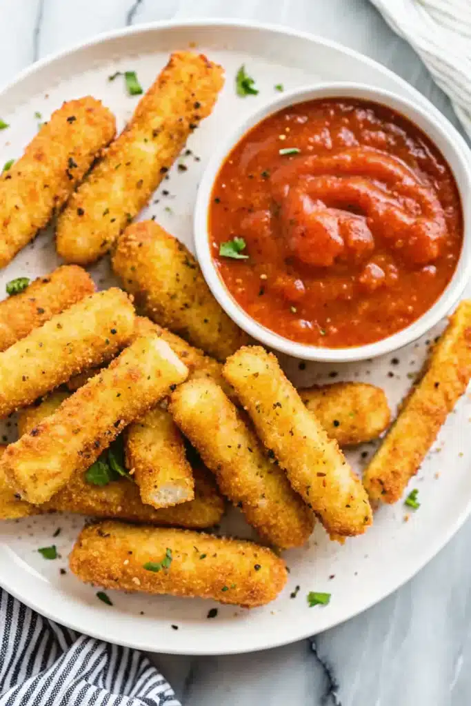 Hand dipping a golden mozzarella stick into red marinara sauce