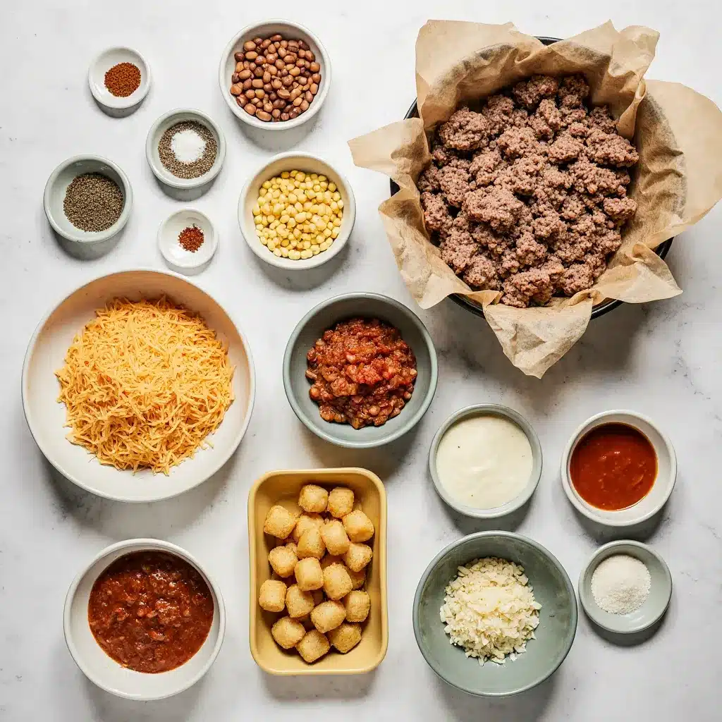 Cowboy Casserole ingredients laid out on white background including raw ground beef, diced onions, kidney beans, corn, diced tomatoes, tomato sauce, shredded cheddar cheese, taco seasoning, and tater tots in colorful bowls