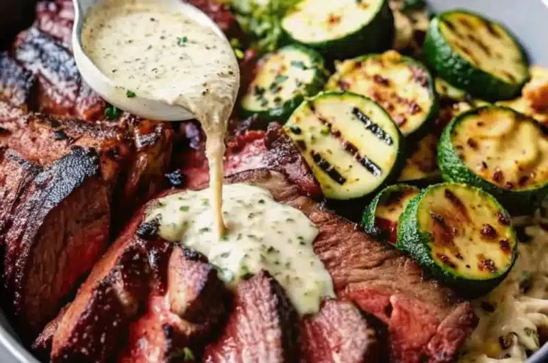 Grilled Steak Bowl with Sauce & Grilled Zucchini