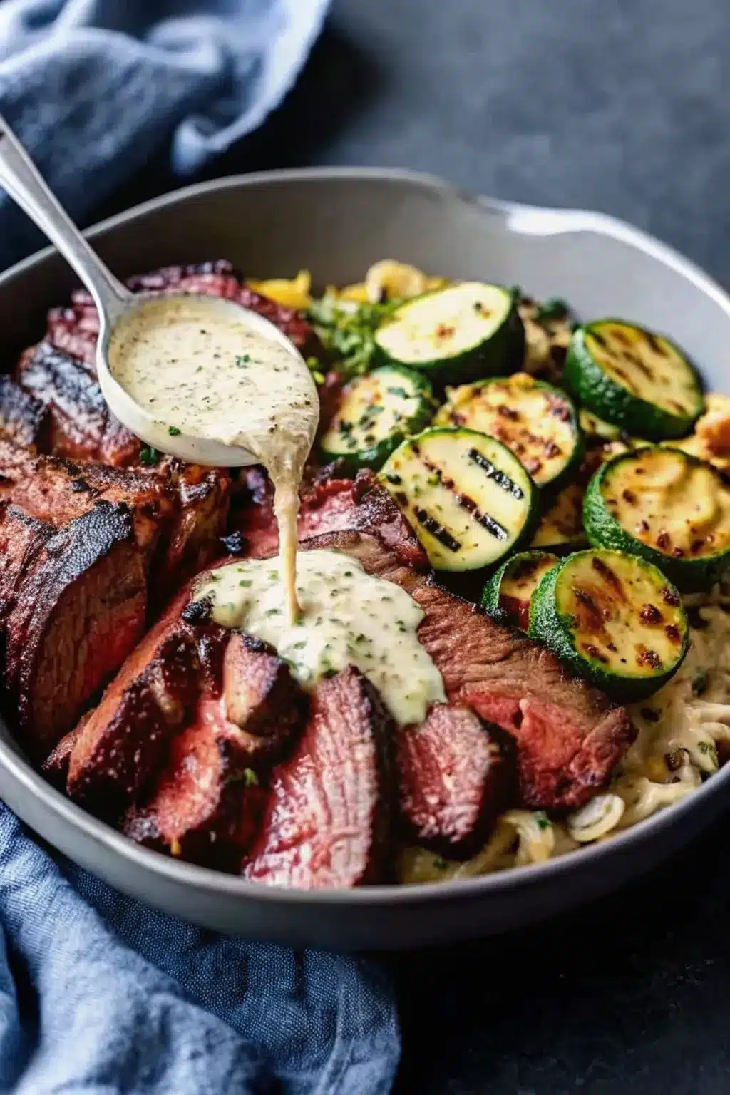 Grilled Steak Bowl with Sauce & Grilled Zucchini
