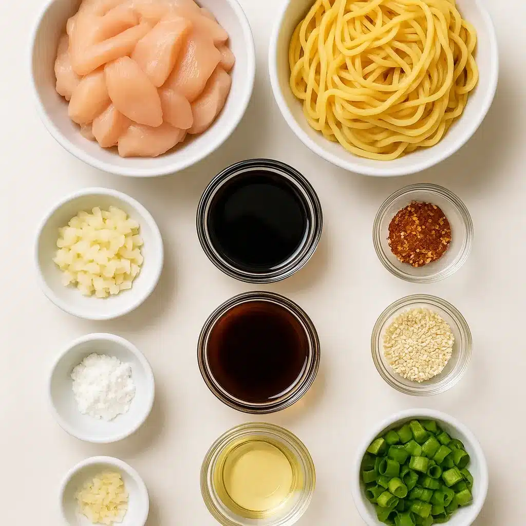 Overhead view of raw ingredients for sticky garlic chicken noodles, including uncooked noodles, fresh garlic cloves, chicken pieces, soy sauce, and honey laid out on a cutting board.