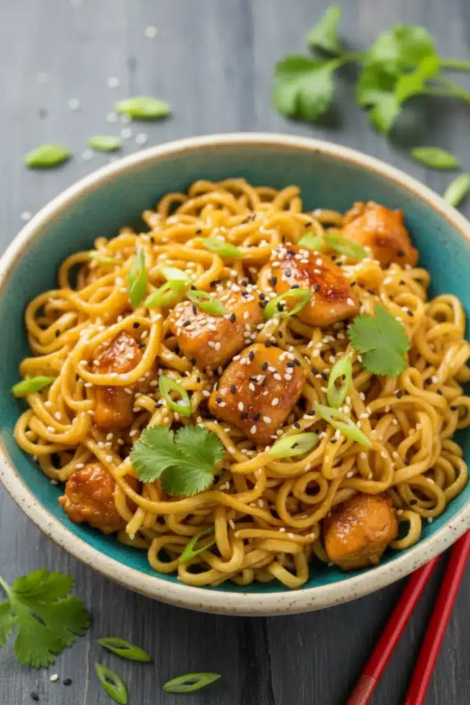 A close‑up of sticky garlic chicken noodles served in a bowl, topped with chopped green onions and sesame seeds, showing tender chicken pieces and glossy sauce coating the noodles.