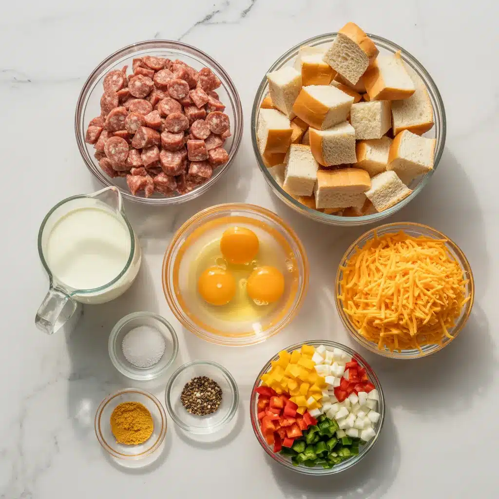 Ingredients for sausage and egg casserole including eggs, breakfast sausage, bread cubes, shredded cheddar cheese, and milk