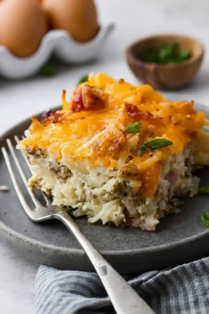Slice of crack breakfast casserole served on a white plate with fork ready to dig in
