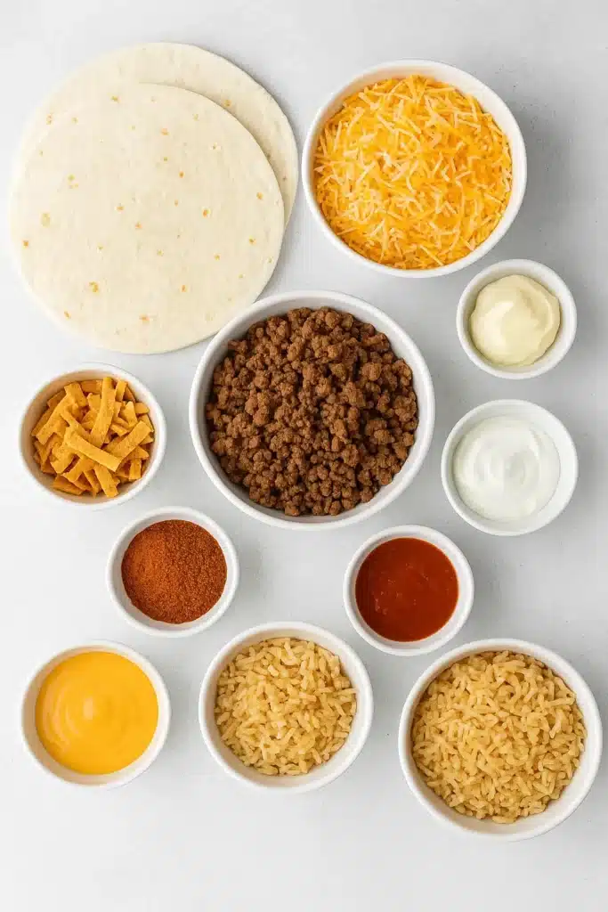 Top‑down view of key grilled cheese burrito ingredients — tortillas, nacho cheese, sour cream, chipotle mayo, Mexican rice, tortilla strips, and seasoned beef — laid out and labeled.