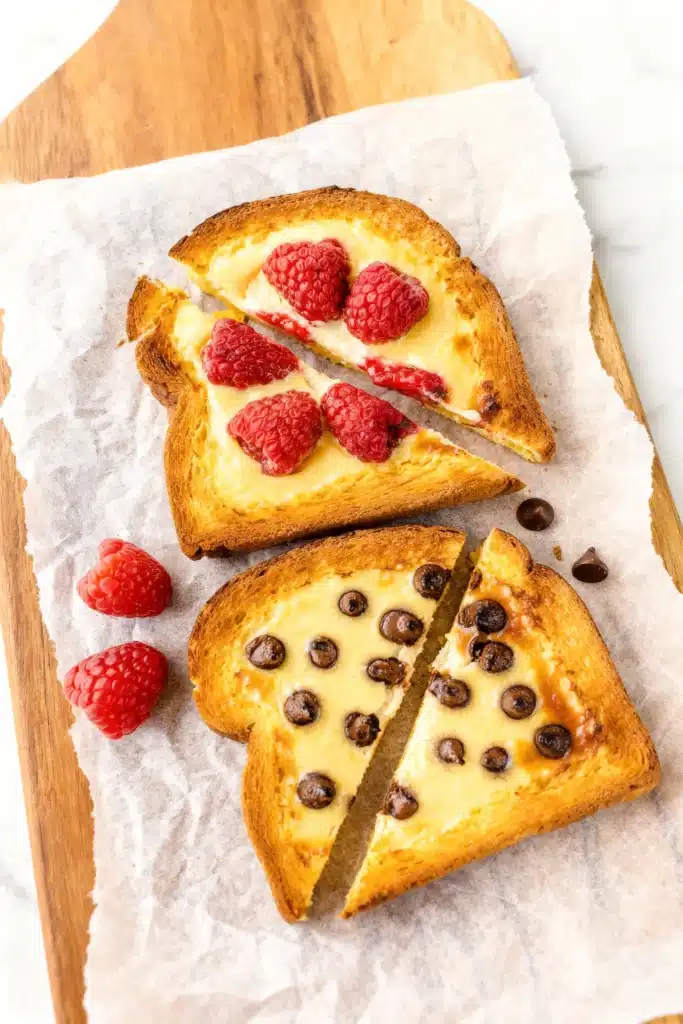 Two slices of custard yogurt toast served on parchment paper, one with raspberries, one with chocolate chips