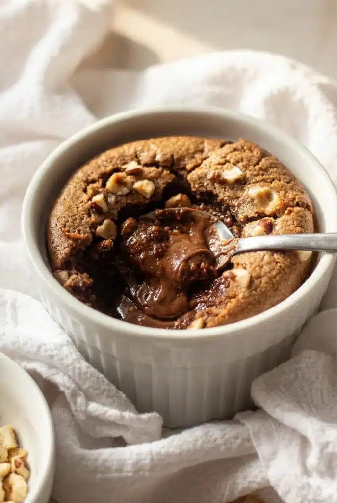 Single serving of baked oats in a white ramekin topped with chopped hazelnuts and fresh berries