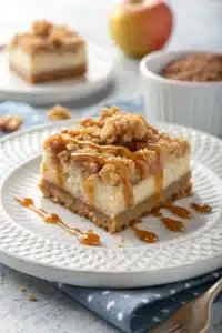 Close-up of caramel apple cheesecake bar showing creamy texture and apple topping