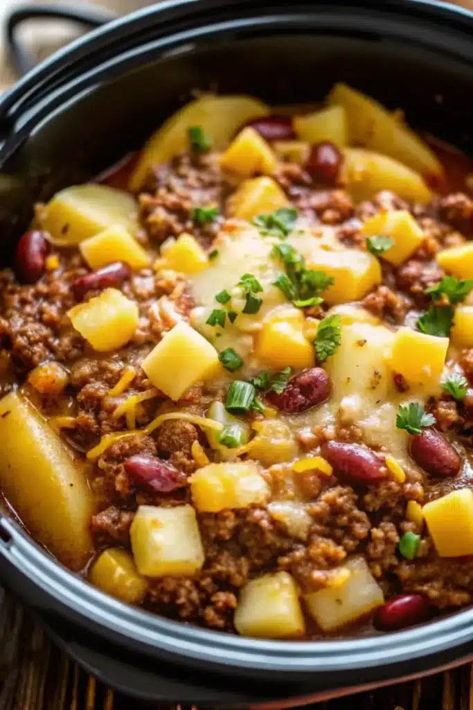 Creamy Slow Cooker Cowboy Casserole with melted cheese on a gray-green plate, featuring layers of potatoes, ground beef sauce, and cheddar cheese, ready to serve