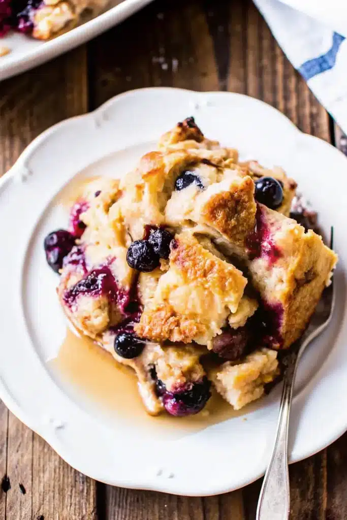 Slice of blueberry French toast casserole on white plate drizzled with maple syrup and fresh blueberries