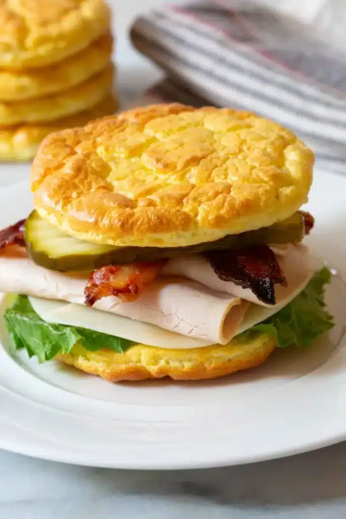 Plated cloud bread sandwich breakfast 