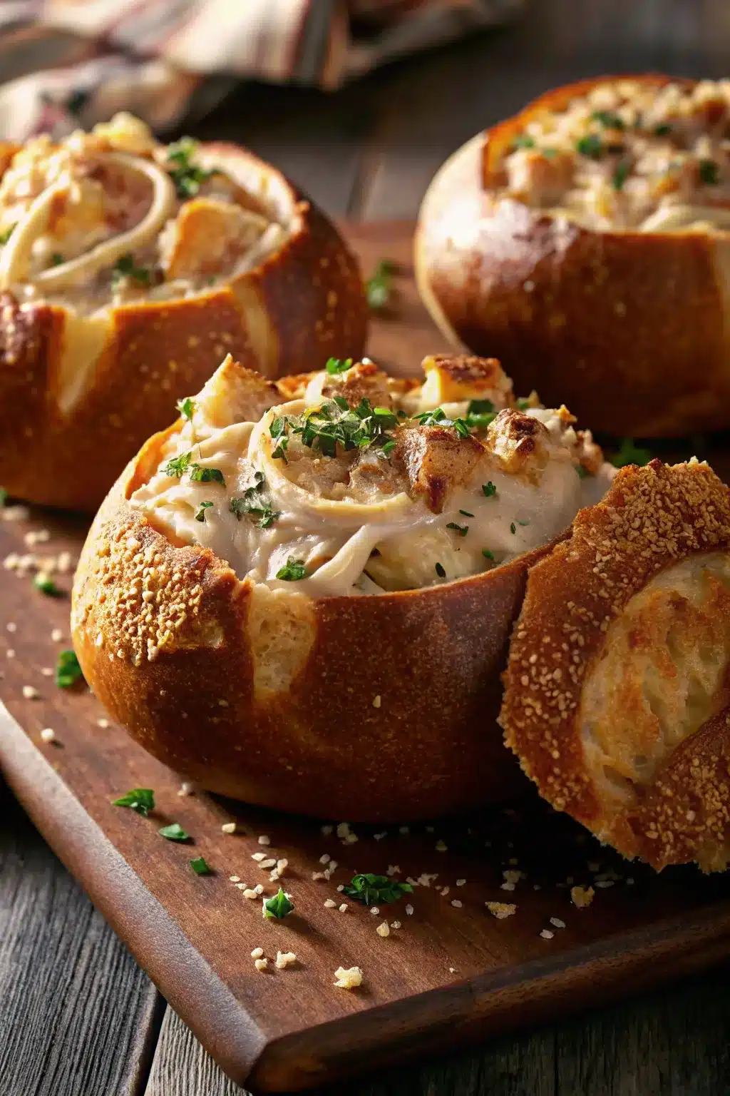 Chicken Alfredo Garlic Bread Bowls
