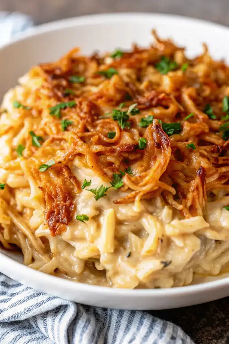 French Onion Chicken Orzo Casserole