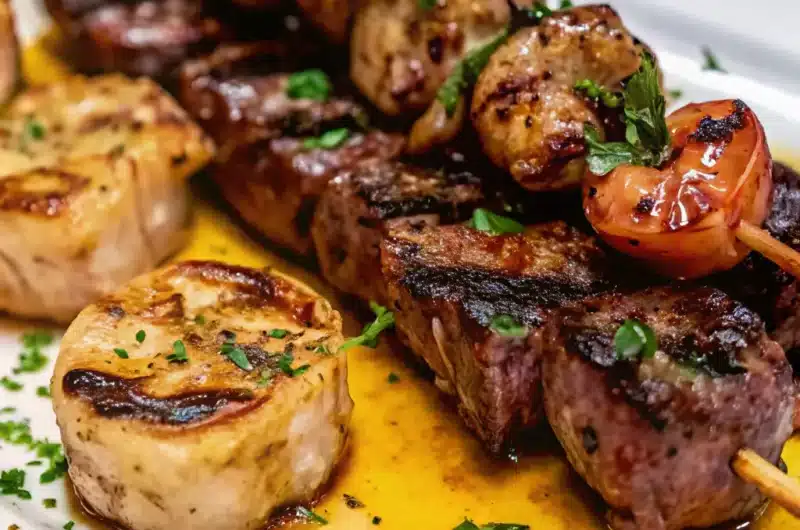 Grilled Steak and Shrimp Skewers with Garlic Butter Sauce