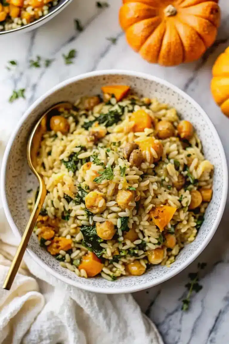 One Pot Vegetable Orzo with Chickpeas and Kale
