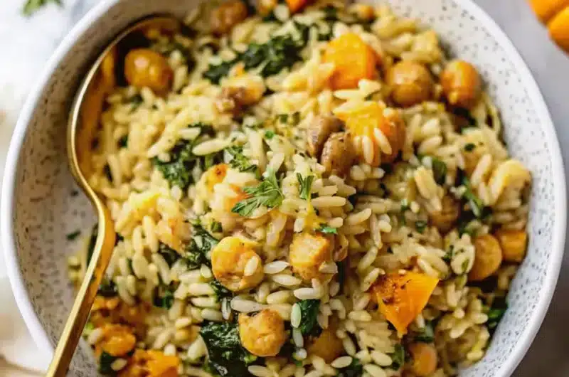 One Pot Vegetable Orzo with Chickpeas and Kale